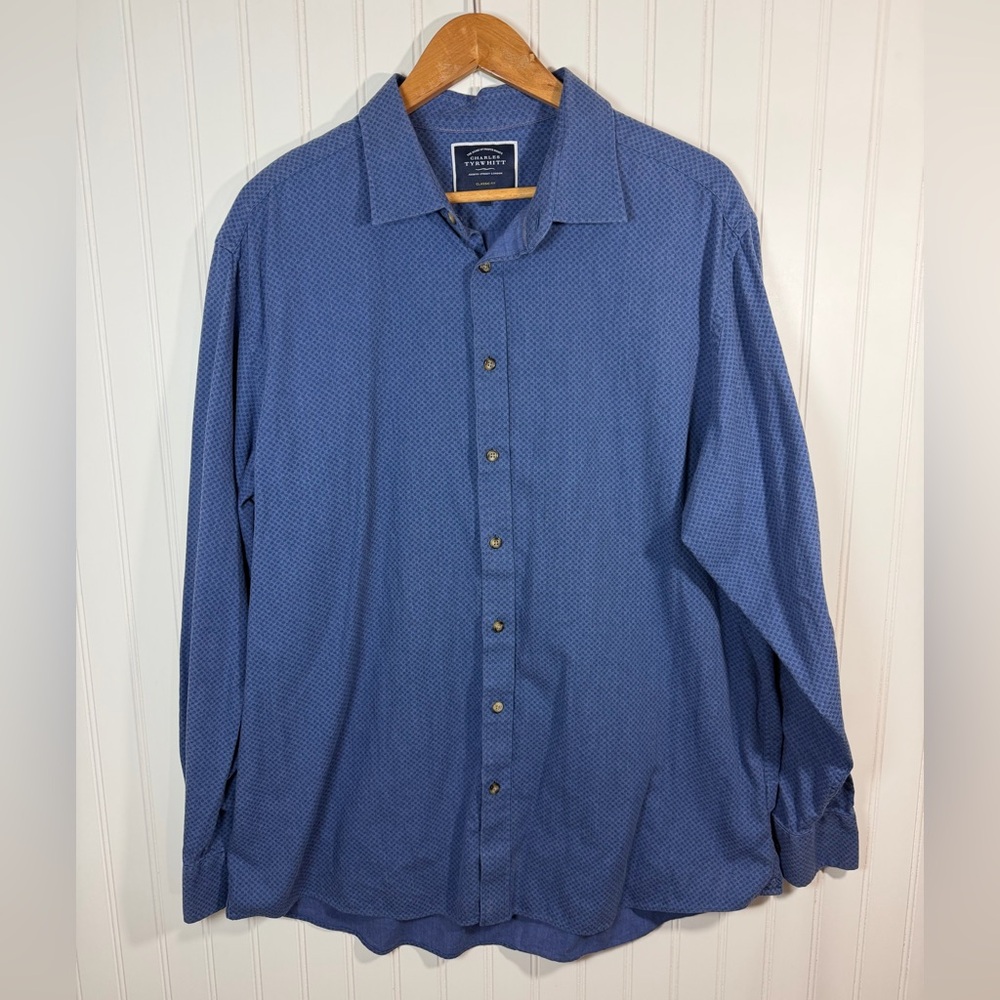 Charles Tyrwhitt Men's Long Sleeve Button Up Shirt Blue Standard Fit XL Cotton